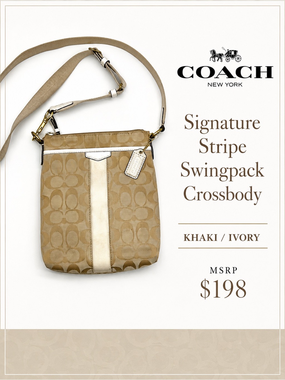 Coach Signature Stripe Swingpack Crossbody Khaki Ivory Canvas Bag
